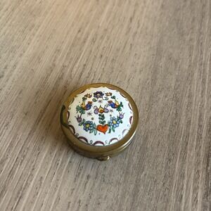 Vintage Tin Oval Pill Box Hinged Rounded Top Flowers Metal 1.5" Trinket Gold